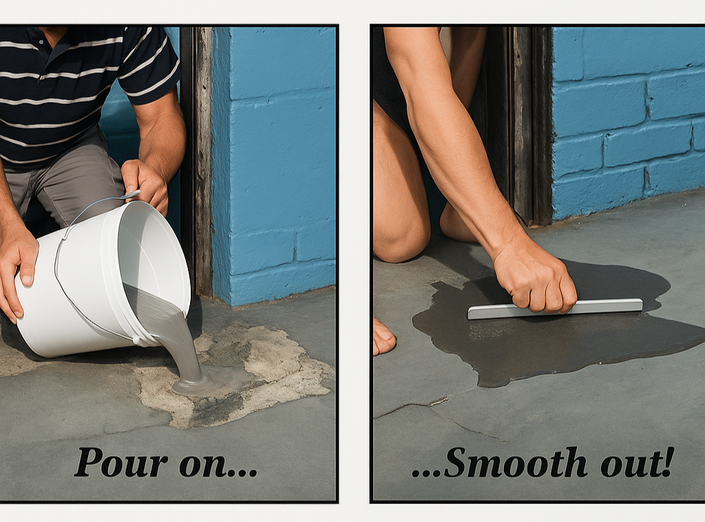Person pouring gray material from a bucket onto a surface and smoothing it out.