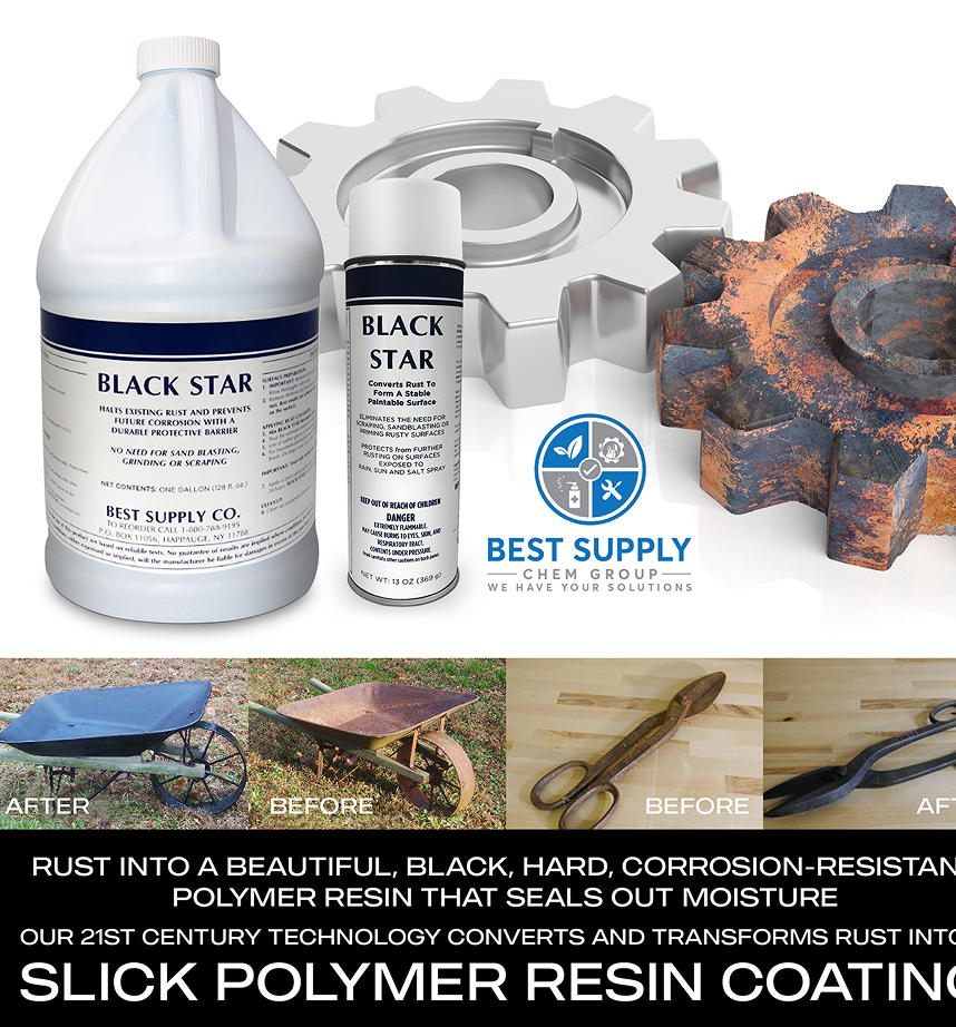 Promotional image for Black Star Rust Converter featuring a gallon jug and aerosol can, with before-and-after examples of restored metal items, emphasizing its slick polymer resin coating that seals out moisture and prevents corrosion.