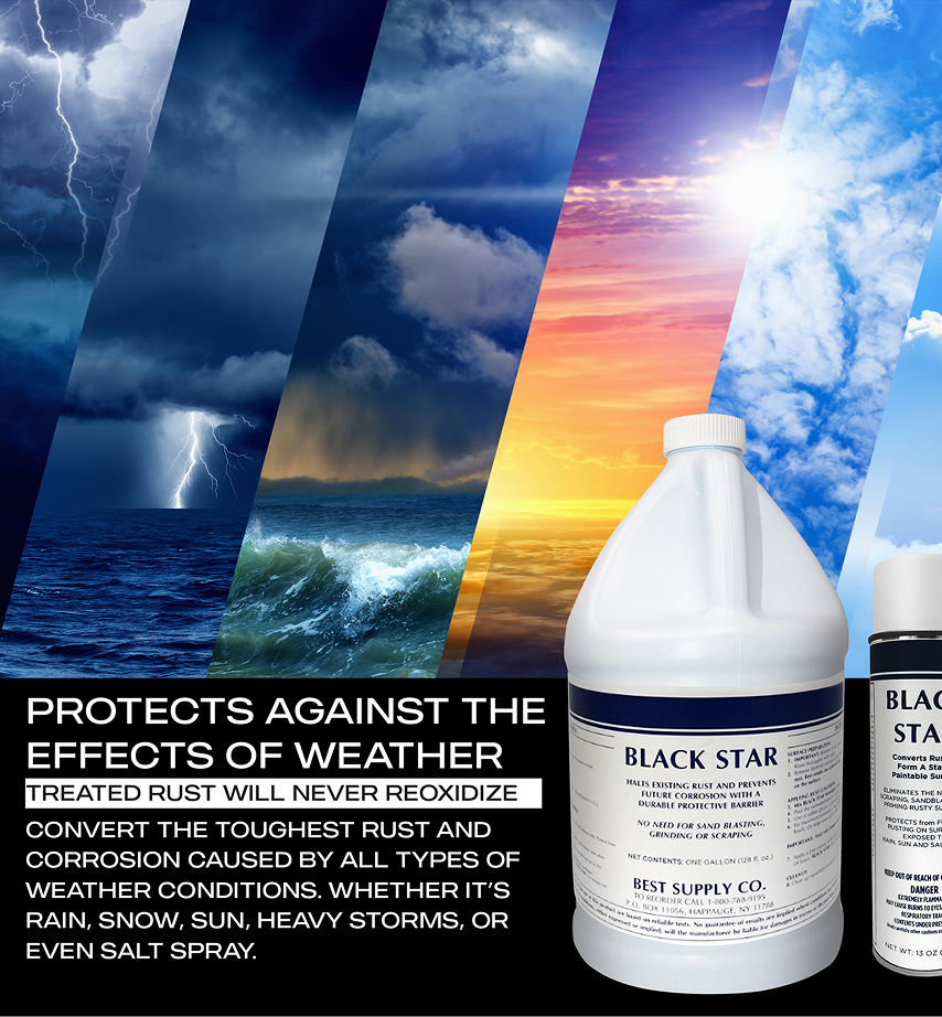 Black Star Rust Converter gallon jug and spray can displayed against a weather-themed background, with text emphasizing protection against rust reoxidation and durability in all weather conditions.