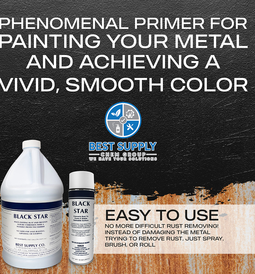 Promotional image for Black Star Rust Converter featuring a gallon jug and aerosol can, with text highlighting it as a phenomenal primer for metal painting and easy-to-use rust removal without damaging the surface.