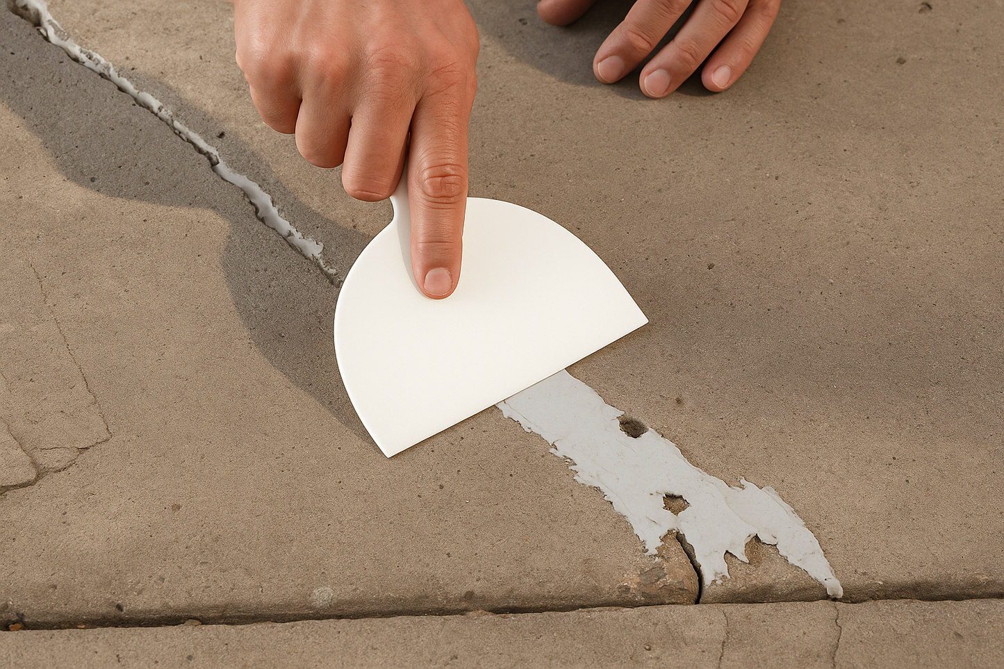 Hand applying white adhesive patch on brown material