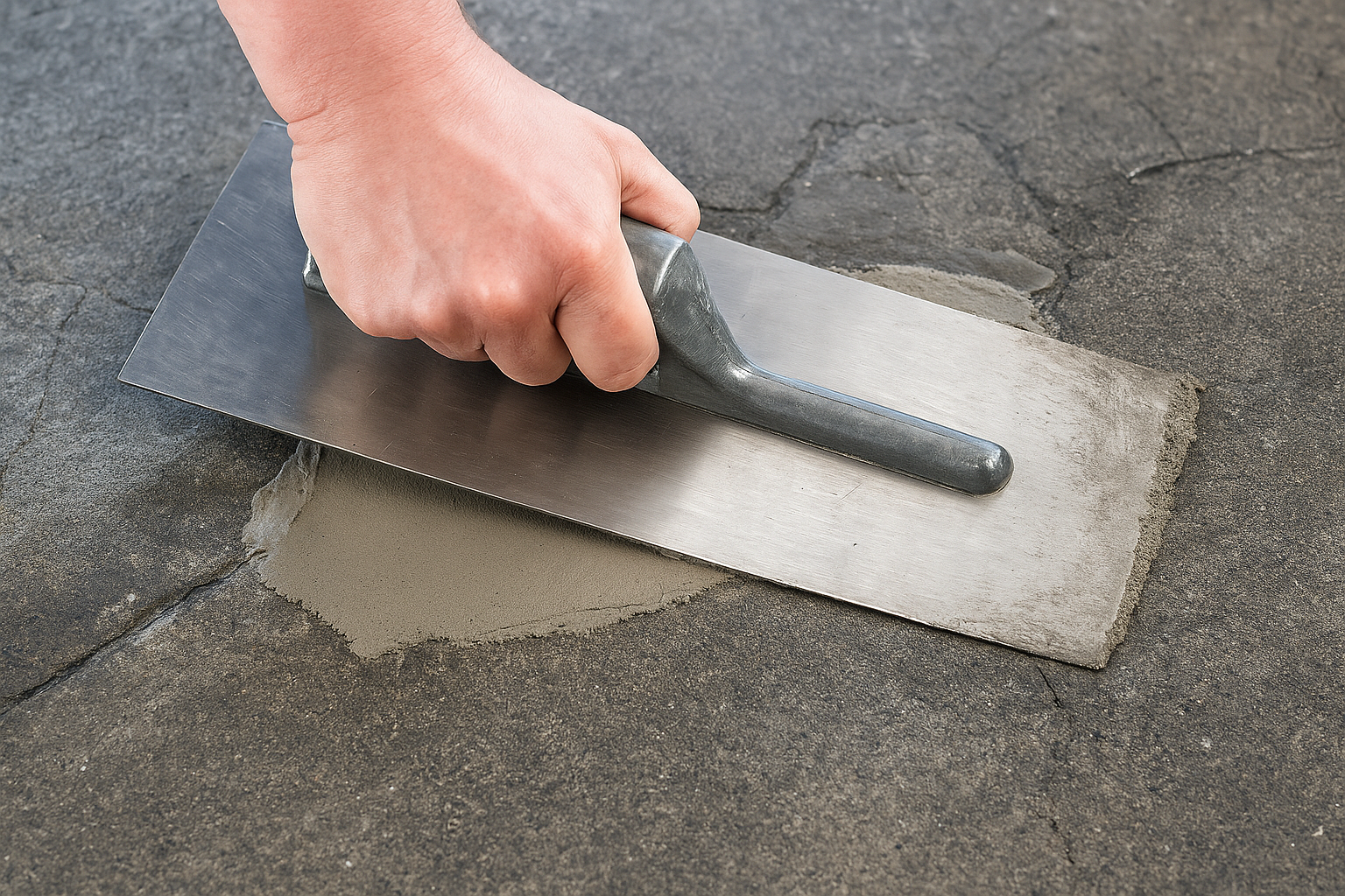 Person using a trowel to spread concrete on a surface.