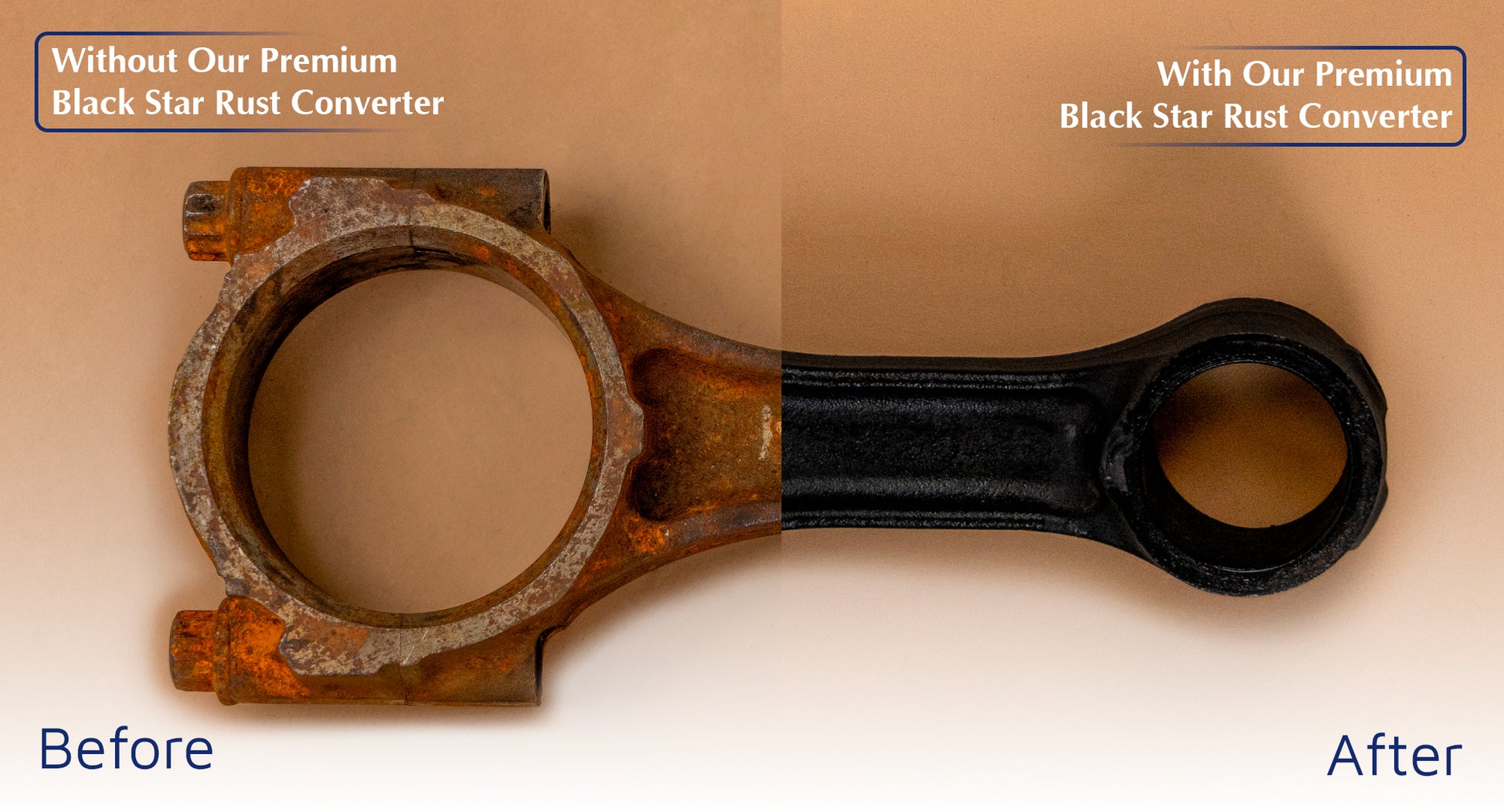 Metal component showing a side-by-side comparison: the left half is rusted and untreated, while the right half is coated and restored using Black Star Rust Converter