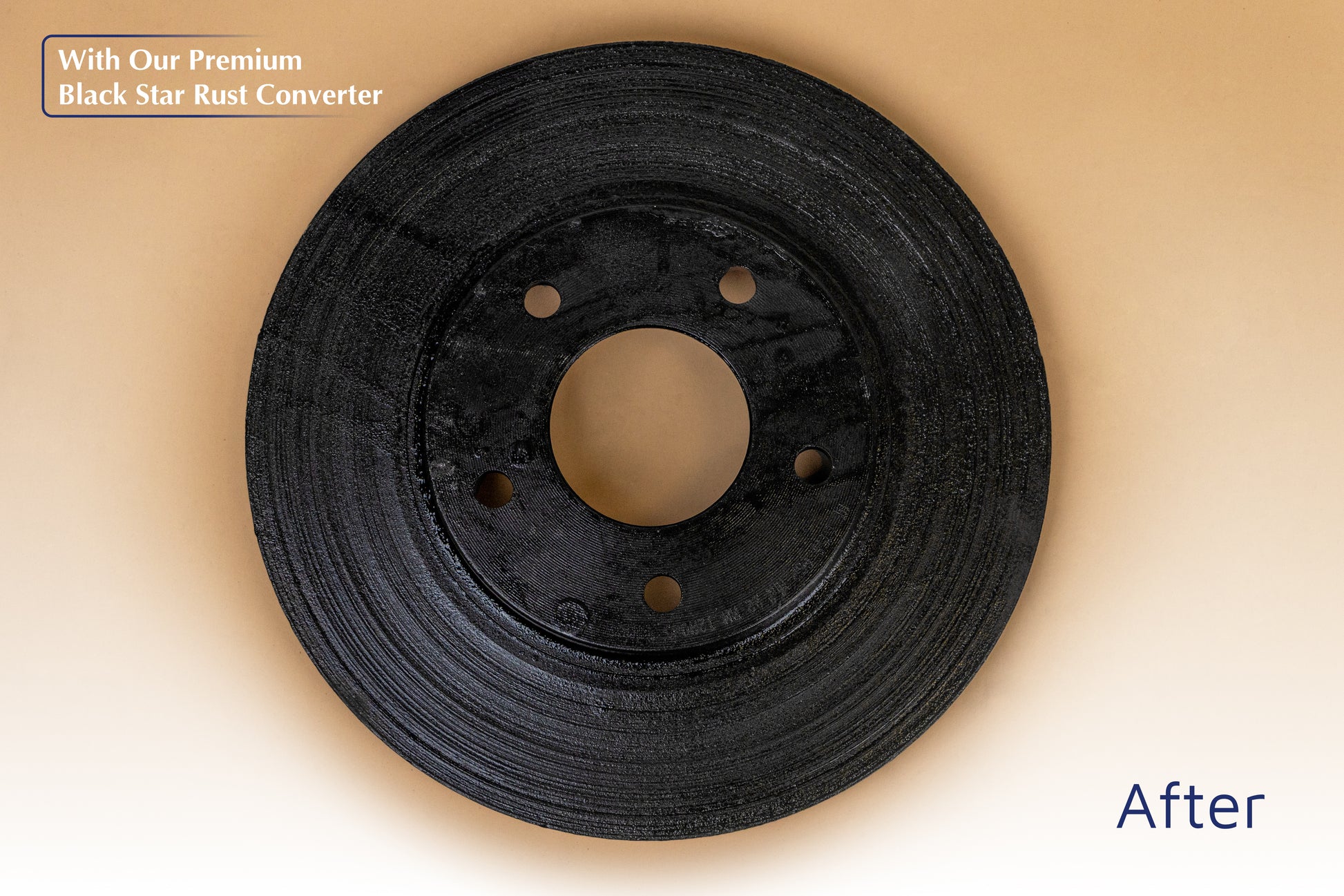 Black brake rotor after treatment with Black Star Rust Converter, showing a smooth, rust-free surface.