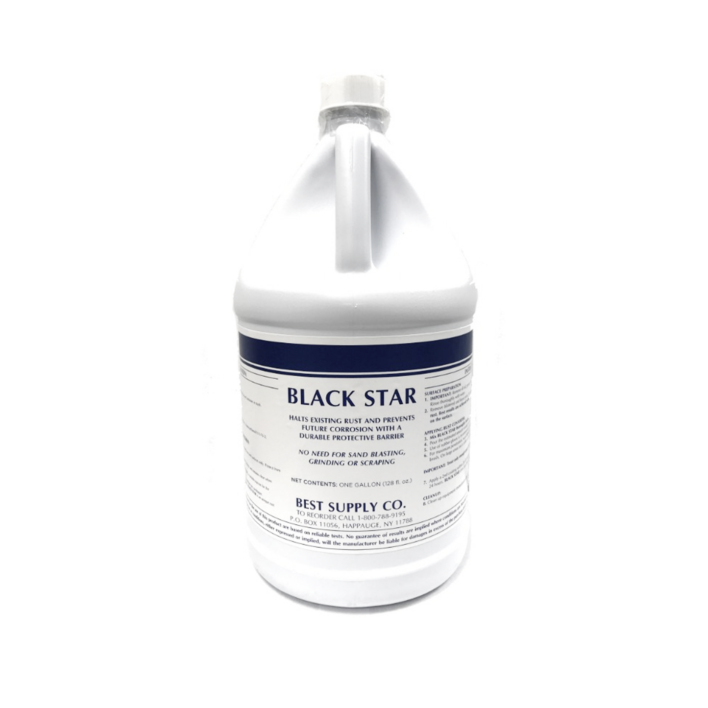 A gallon-sized container of Black Star rust converter with a white label and blue text.