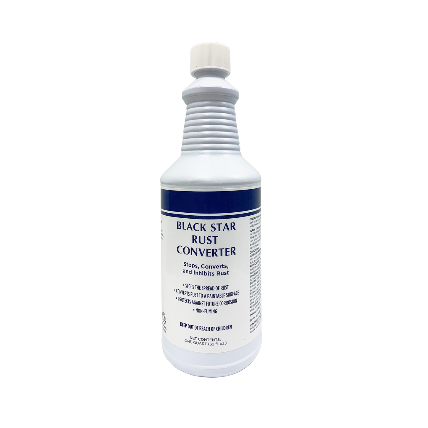 A white bottle with a label that reads 'Black Star Rust Converter', designed for converting and transforming rust into a polymeric resin coating.