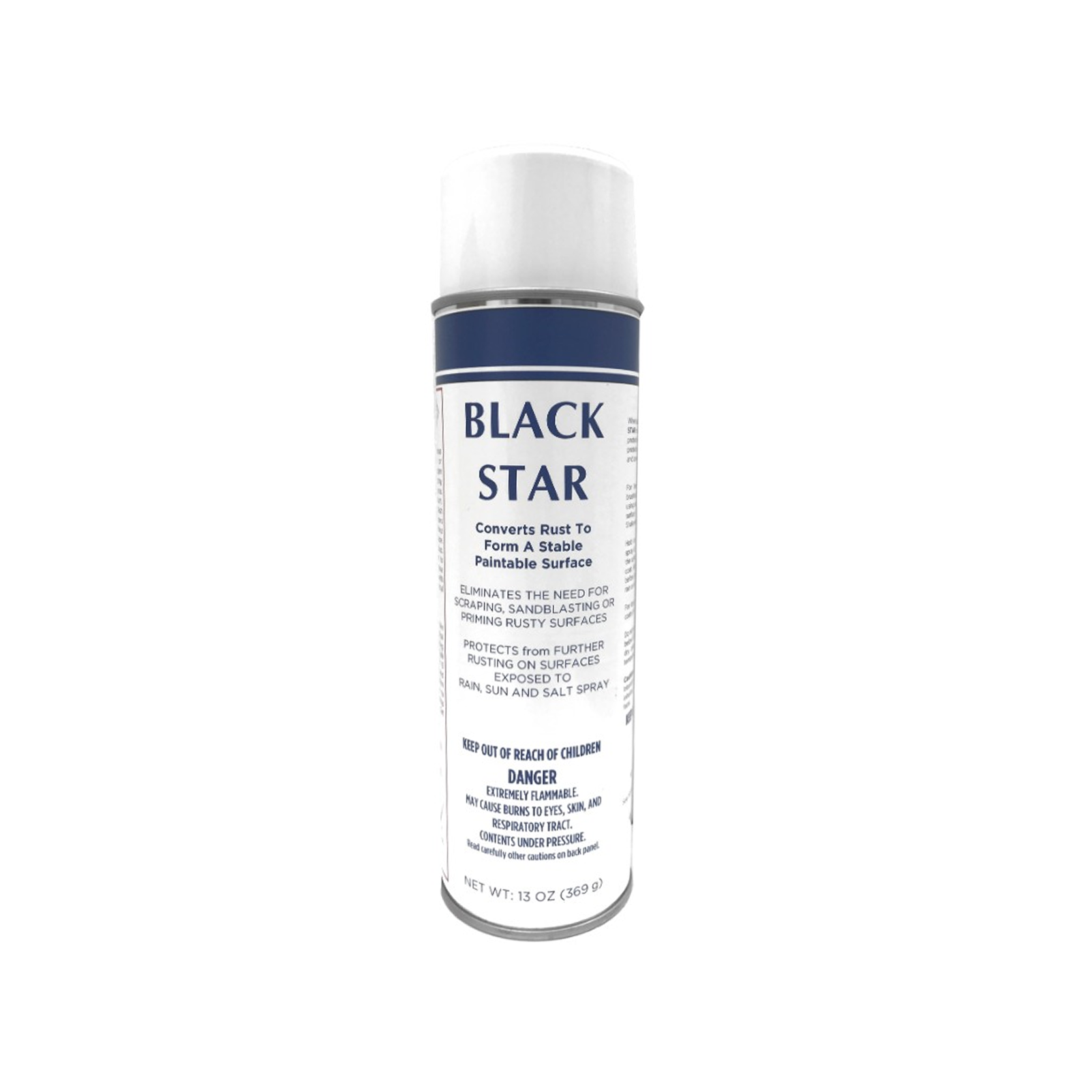 A can of Black Star rust converter aerosol spray with label and instructions.