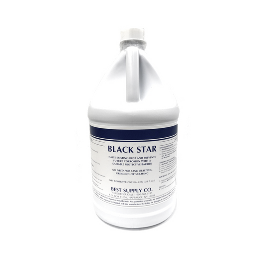 A gallon-sized container of Black Star rust converter with a white label and blue text.