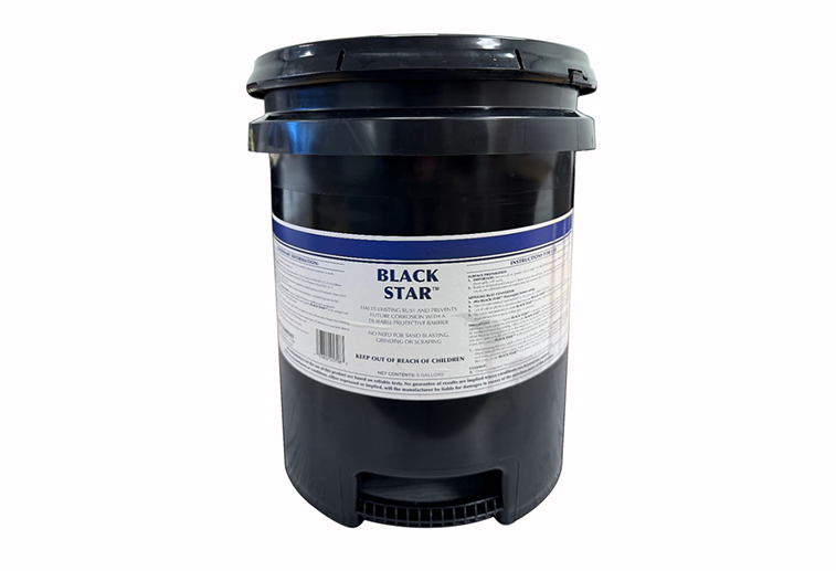 A black 5 gallon pail with a label that reads BLACK STAR.