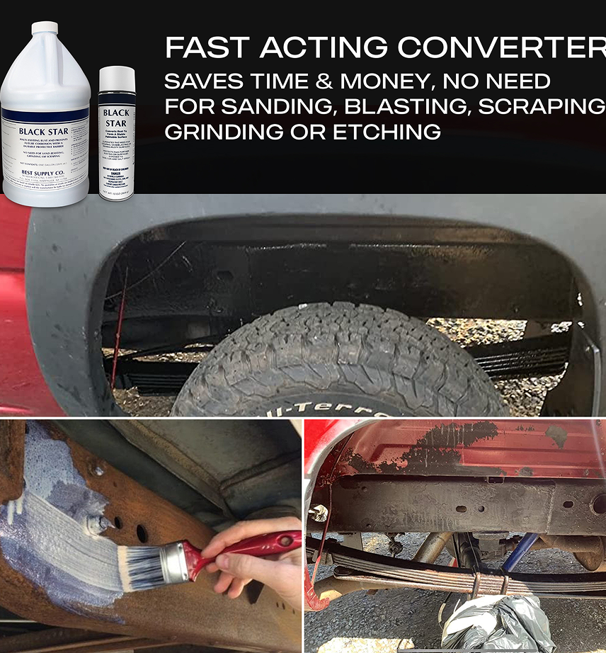 Promotional image for Black Star rust converter showing product bottles and text about its fast-acting, no-prep benefits, with photos of rust treatment on vehicle wheel wells, a paintbrush applying product to metal, and undercarriage restoration