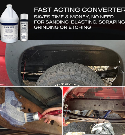 Promotional image for Black Star rust converter showing product bottles and text about its fast-acting, no-prep benefits, with photos of rust treatment on vehicle wheel wells, a paintbrush applying product to metal, and undercarriage restoration