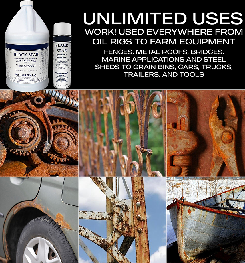 Promotional image for Black Star rust converter showing product bottles and text listing uses, alongside photos of rusted gears, a metal gate, a latch, a car fender, a steel structure, and a boat hull