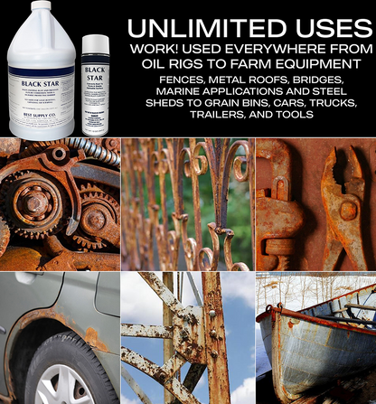 Promotional image for Black Star rust converter showing product bottles and text listing uses, alongside photos of rusted gears, a metal gate, a latch, a car fender, a steel structure, and a boat hull